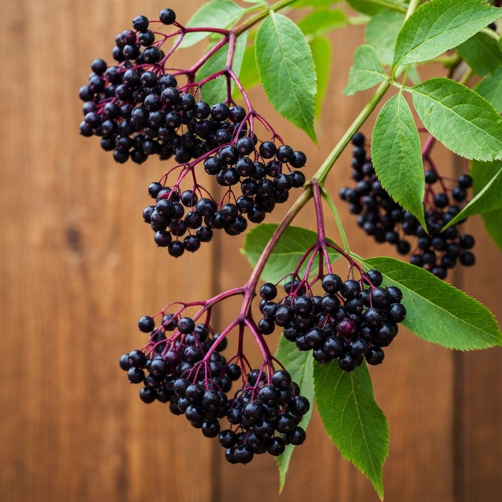 Dark purple elderberries clustered on stems with green leaves