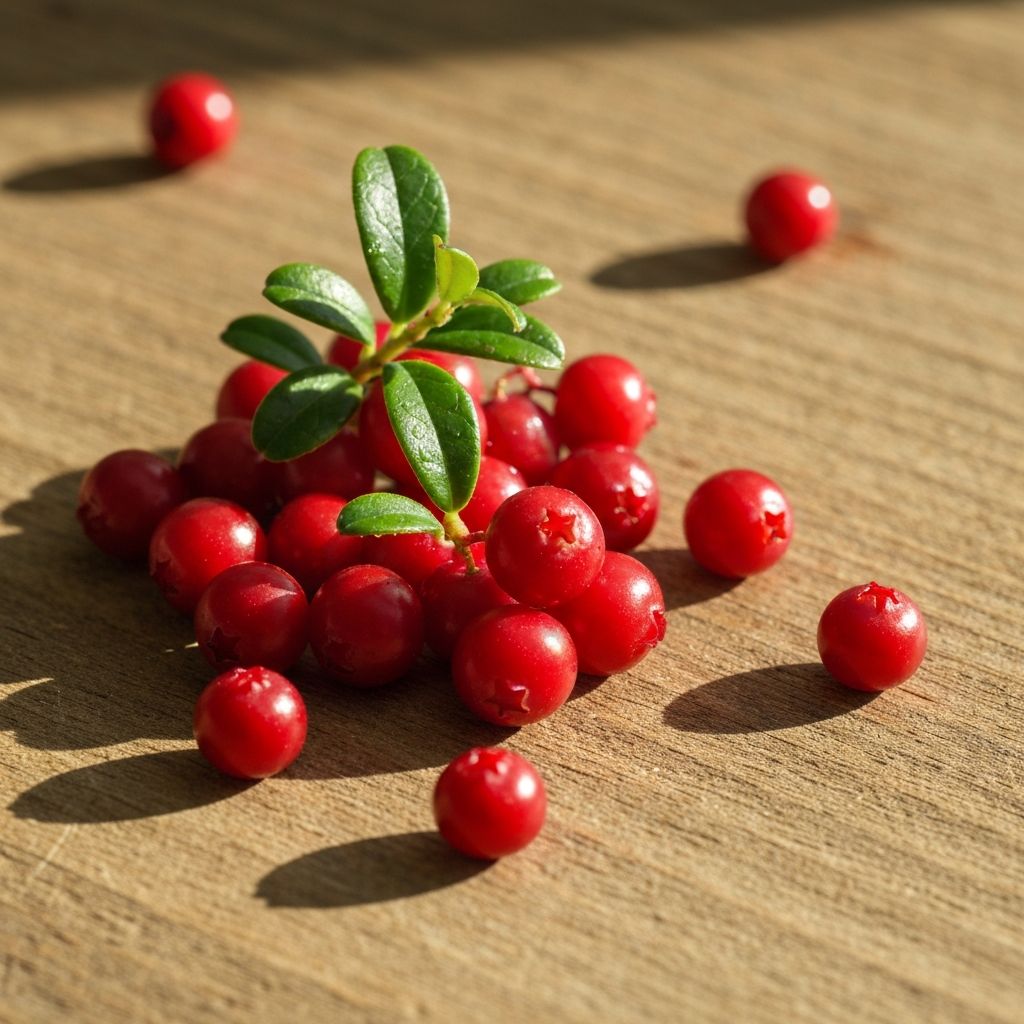 Vibrant red lingonberries with leaves on wooden surface